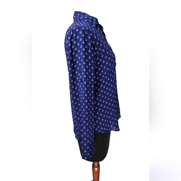 ♥️ EXPRESS PORTOFINO SHIRT BUTTON DOWN - NAVY BLUE ANCHOR PRINT WOMEN'S SIZE S|P - Picture 4 of 14